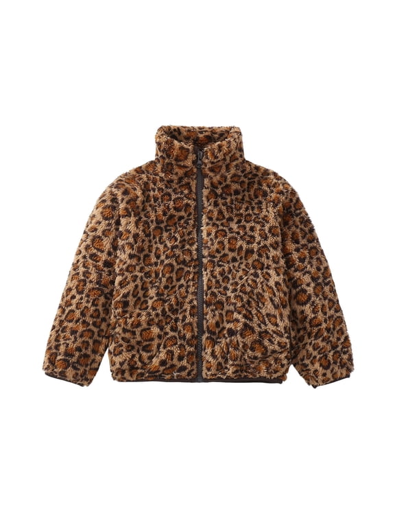 Girls Winter Coat Leopard Print Jacket With Stand Collar And Pockets Long Sleeve Outerwear For Children Cozy Jackets Windproof Outerwear Size 6 Y-7 Y
