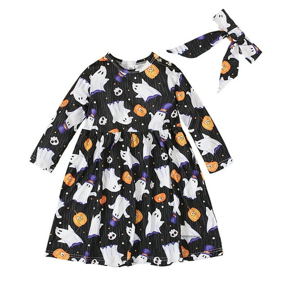 Utlike Hallomas Girls Dresses Kids Baby Long Sleeve Pumpkin Printed Princess Dress Relaxing Fit Sundress For Girl Size 2 Years-3 Years