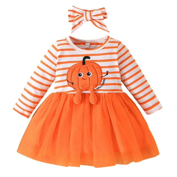 Utlike Halloween Girls Dresses Party Casual Long Sleeve Cartoon Pumpkin Print Stripe Mesh Princess Dress For Infant Baby Autumn Winter Relaxing Fit Sundress For Girl Size 6 Months-9 Months