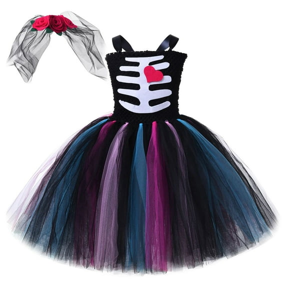 Utlike Halloween Girls Dresses Sleeveless Bone Prints Floral Pageant Party Evening Princess Dress For Performance Dress Up Cozy Sundress For Girl Size 1 Years-3 Years