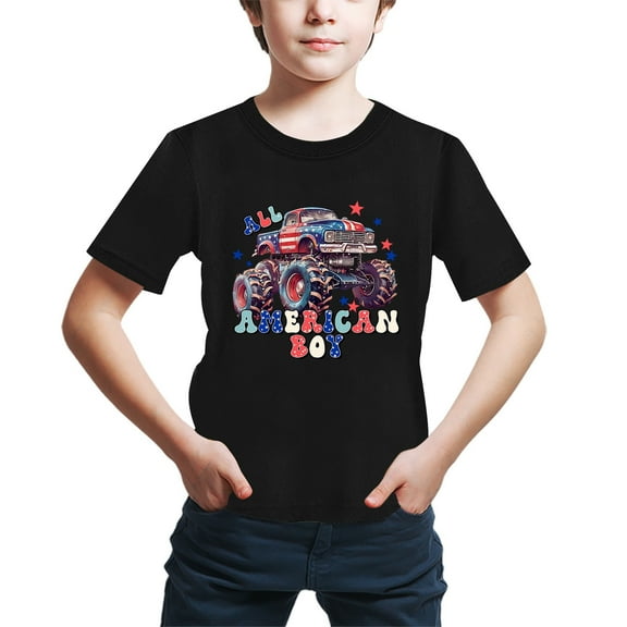 Utlike Independence Day Boys T Shirts Comfort Short Sleeved T-Shirt Dinosaur Truck Print Summer Casual Crewneck Patriotic Tees 4th Of July Boys Basic Top Size 8 Years-9 Years
