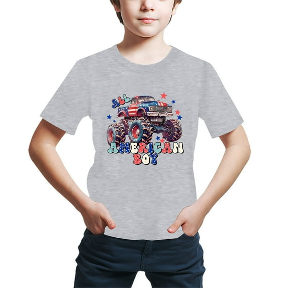 Utlike Independence Day Boys T Shirts Comfort Short Sleeved T-Shirt Dinosaur Truck Print Summer Casual Crewneck Patriotic Tees 4th Of July Festival Celebration Top For Kids Size 6 Years-7 Years