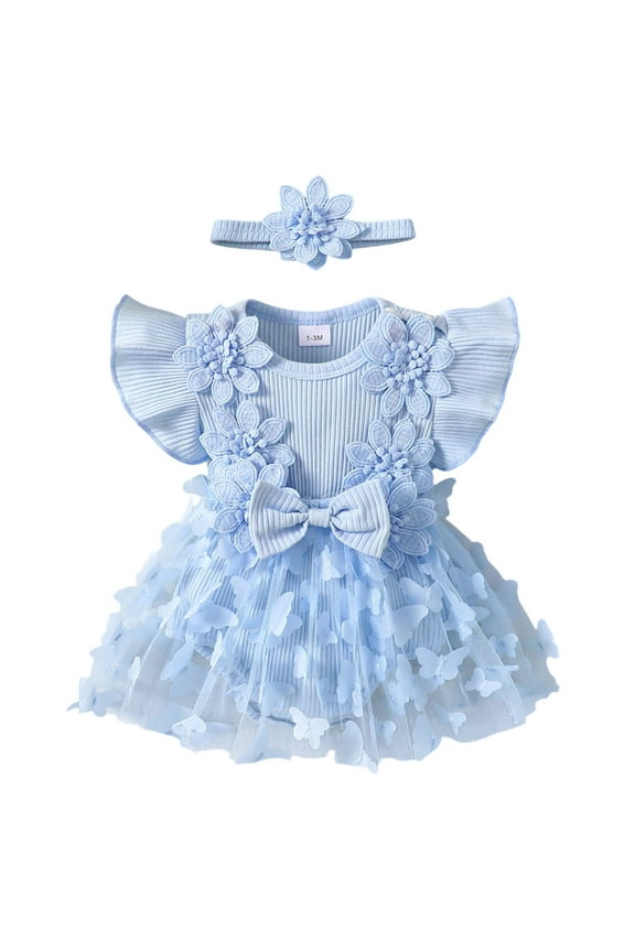 Jumpsuit Baby Girls Clothes Mesh Ribbed Crawling Suit With Butterfly Applique Summer Fly Sleeve Romper For Toddler Classic Basic Playsuits Size 3 Months-6 Months
