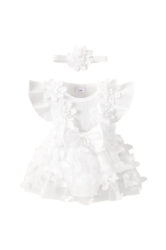 Jumpsuit Baby Girls Clothes Mesh Ribbed Crawling Suit With Butterfly Applique Summer Fly Sleeve Romper For Toddler Classic Basic Playsuits Size 9 Months-12 Months