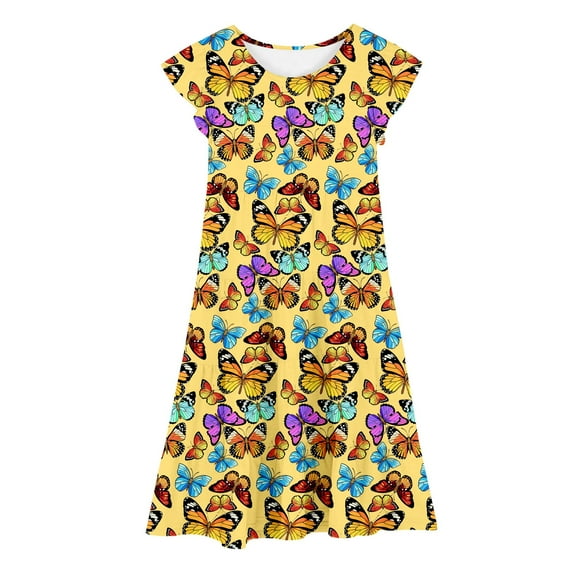 Utlike Summer Dress For Girls Casual Flutter Sleeve Colorful Print Tiered Princess Dress Comfortable Stretchy Waist Spring Fall Relaxing Fit Sundress For Girl Size 14 Years-15 Years