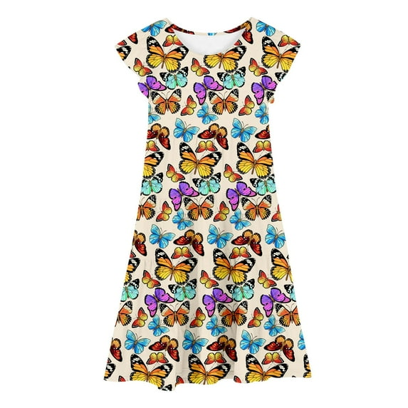 Utlike Summer Dress For Girls Casual Flutter Sleeve Colorful Print Tiered Princess Dress Stretchy Waist Spring Fall Sundress For Holiday Party Or Family Photos Size 6 Years-7 Years