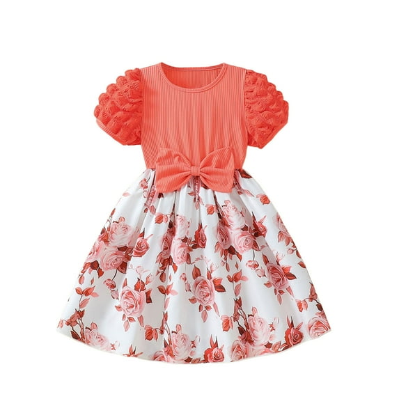 Utlike Summer Dress For Girls Floral Print Puff Sleeve Casual Party Dress Spring Fall Loose Comfortable Elastic Waist Daily Popular Sundress For Girl Size 3 Years-4 Years