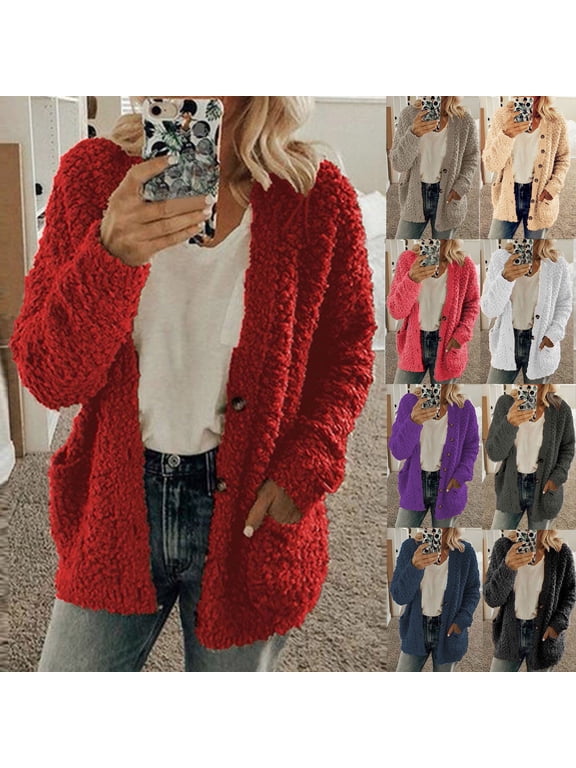 2023 Casual Plush Cardigan Sweaters for Women Open Front Long Sleeve Thin Coats Jackets Fall Button Down Lightweight Sweater Coats Outwear with Pockets Size S-5XL