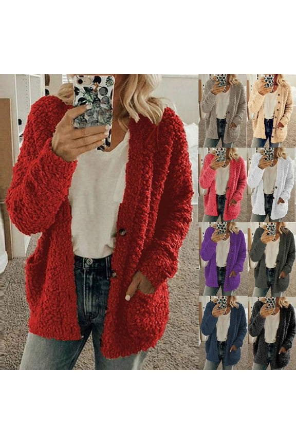 2023 Casual Plush Cardigan Sweaters for Women Open Front Long Sleeve Thin Coats Jackets Fall Button Down Lightweight Sweater Coats Outwear with Pockets Size S-5XL