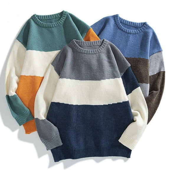 Utoimkio 2023 Men's Color Block Oversized Knitted Sweater Casual Loose Sweatshirts Long Sleeve Crewneck Warm Jumper Tops