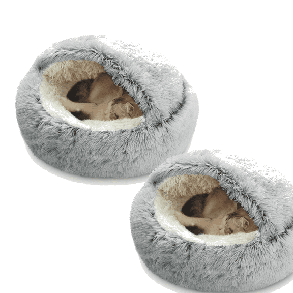 Utoimkio 2PC Calming Dog Beds & Cat Cave Bed with Hooded Cover,Portable Round Beds for Small Medium Pets,Anti-Slip Warm Coved Pet Bed,Comfortable Warming Pet Bed,15.7"x15.7"