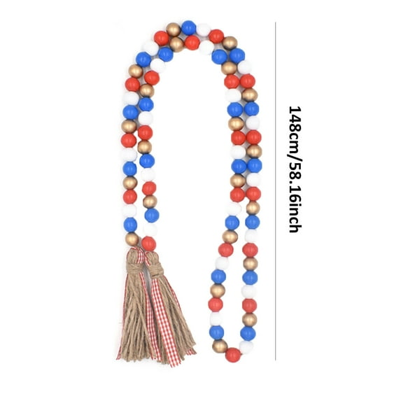 Utoimkio 4th of July Patriotic Wood Bead Garland American Wooden Beads String Jute Rope Tassel,Farmhouse Rustic Hanging Bead Garland for Memorial Independence Day Wall Decor Gift