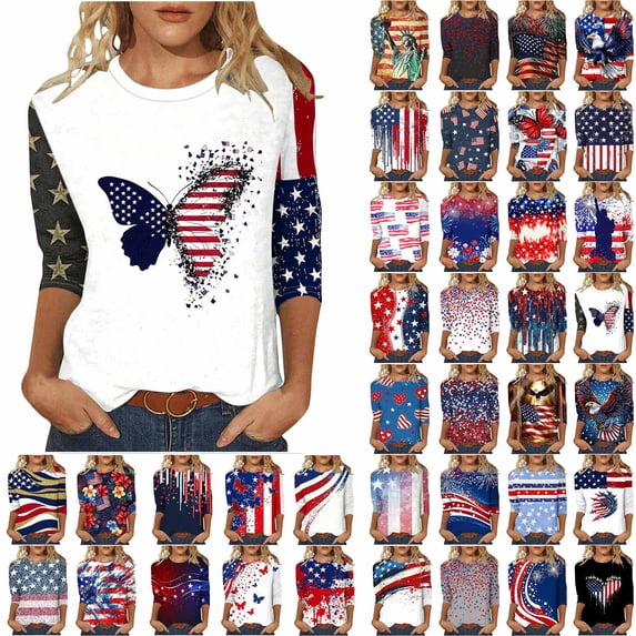 Utoimkio American Flag T Shirt for Women 3/4 Sleeve Graphic Shirts Crew Neck Red White and Blue Tee Tops Casual Fourth of July Outfits Size S-5XL