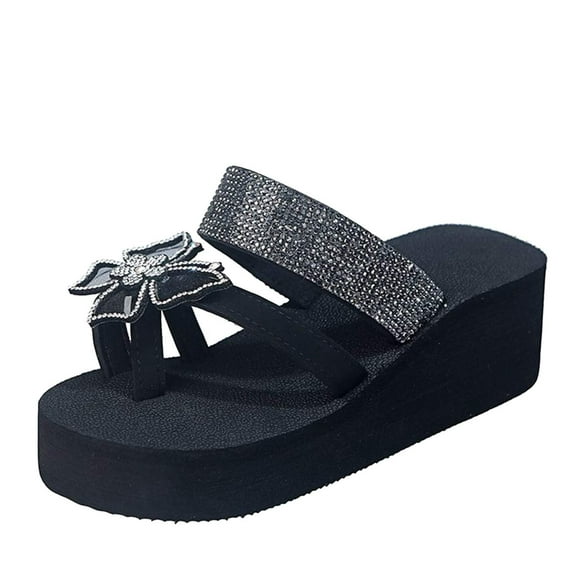 Utoimkio Ankle Straps Sandals for Women Women Rhinestone Slope Heel Open Toe Bow-Knot Slippers Clip Toe Shoes Comfy Sandals Casual Comfortable Beach Sandals Flip Flop Shoes
