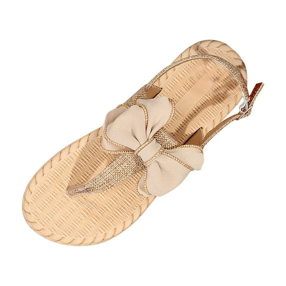Utoimkio Ankle Straps Sandals for Women Preppy Outdoors T-strap Flat Sandals for Women, Bow Decor Polyester Toe Post Flat Sandals