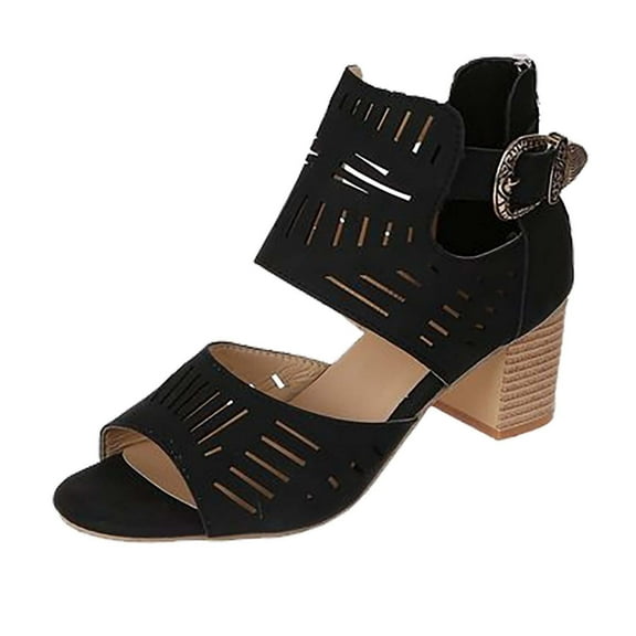 Utoimkio Athletic Hiking Sandals for Women Comfortable Walking Sandals Hot Rhinestone Hollow Fish Mouth Metal Buckle Back Zipper Thick Heel Sandals