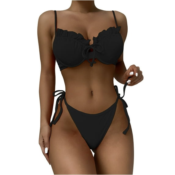 VerPetridure Bikini Set Women Women Bandage Steel Bracket Solid Ruffles Sexy Bikini Push-Up Padded Swimwear Swimsuit Beachwear Set