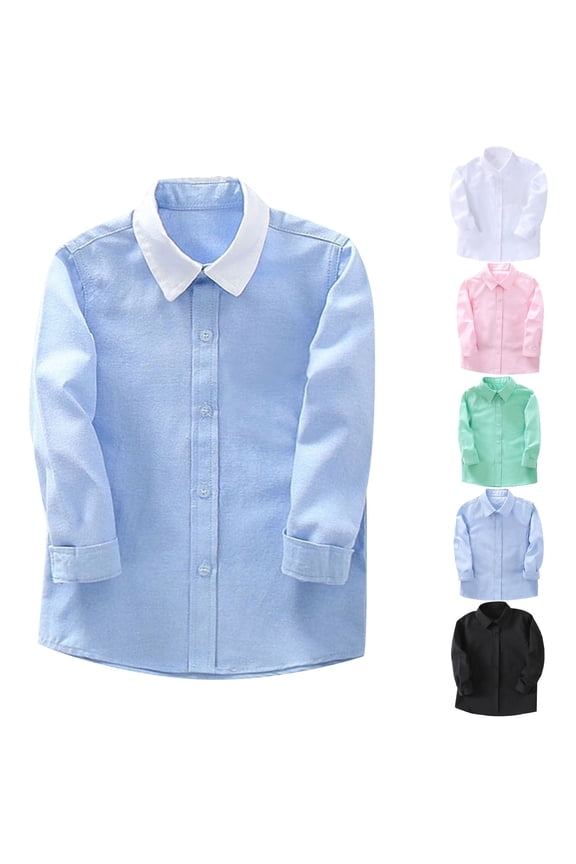Boys Long Sleeve Button Down Dress Shirts Solid Gentleman's School Uniform Shirt Blouses for Boys 2-14 Years