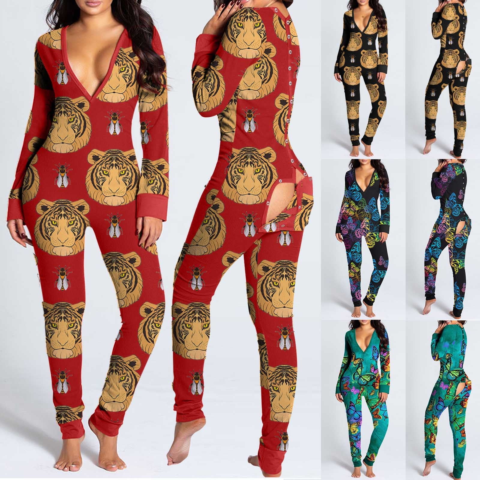 Utoimkio Button Down Onesie Pajamas for Women One Piece Long Sleeve ...