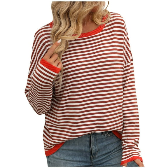 Utoimkio Cable Knit Striped Fall Crewneck Sweater Women's Soft Pullover Sweaters for Women