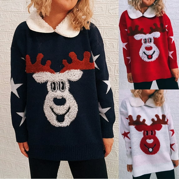 Utoimkio Christmas Pullover Sweaters for Women Loose Long Sleeve Crewneck Reindeer Print Sweaters Winter Knitted Sweater Outwear Jumper Tops
