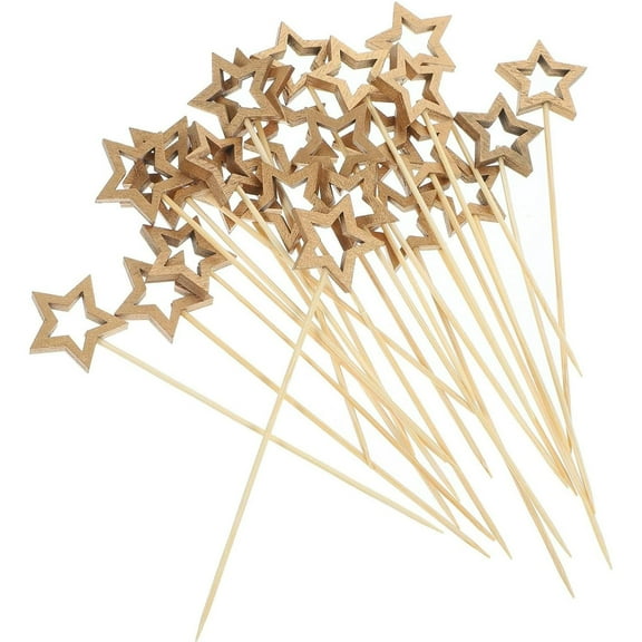 Utoimkio 100 Pack Cocktail Picks,Gold Star Decorative Wooden Toothpicks Skewers for Appetizers,Fruits and Drink Garnish,Holiday Birthday Party Supplies