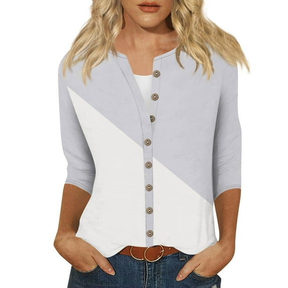 Utoimkio 3/4 Length Sleeve Womens Blouses Tops Casual Loose Fit V Neck T Shirts Color Block Three Quarter Length Tunic Tops for Women