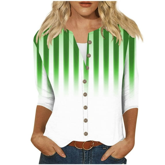 Utoimkio 3/4 Length Sleeve Womens Blouses Tops Casual Loose Fit V Neck T Shirts Cute Striped Print Three Quarter Length Tunic Tops for Women