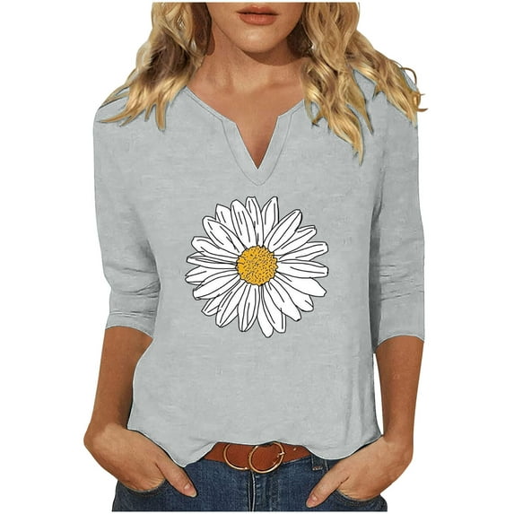 Utoimkio 3/4 Sleeve Blouses for Women Plus Size V Neck Shirts Casual Floral Print Lightweight Loose Fit Tee Tops for Women