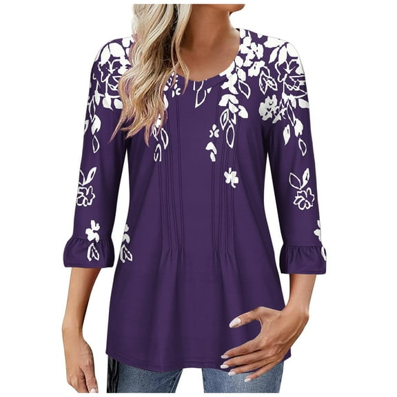 Utoimkio 3/4 Sleeve Blouses for Women Plus Size V Neck Shirts Casual Floral Print Lightweight Loose Fit Tee Tops for Women