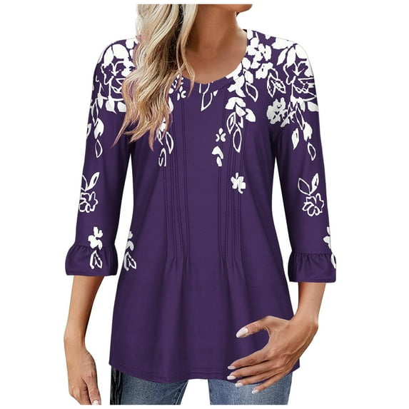 Utoimkio 3/4 Sleeve Blouses for Women Plus Size V Neck Shirts Casual Floral Print Lightweight Loose Fit Tee Tops for Women
