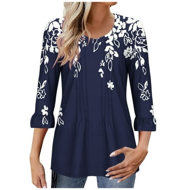 Utoimkio Clearance 3/4 Sleeve Blouses for Women Plus Size V Neck Shirts Casual Floral Print Lightweight Loose Fit Tee Tops for Women