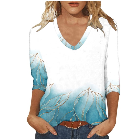 Utoimkio Clearance 3/4 Sleeve Blouses for Women Plus Size V Neck Shirts Casual Floral Print Lightweight Loose Fit Tee Tops for Women