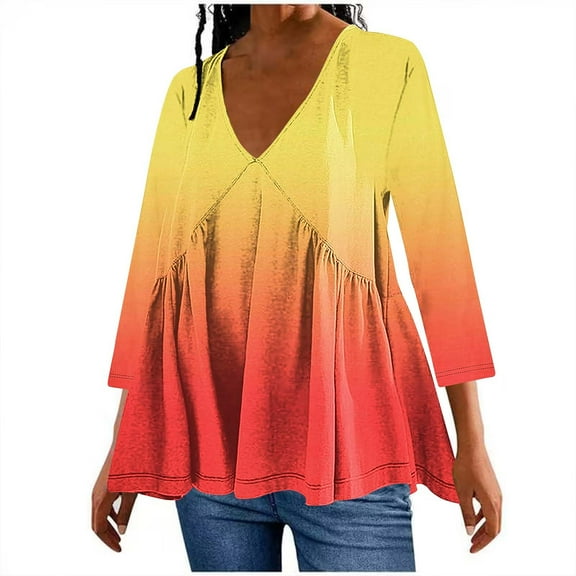 Utoimkio 3/4 Sleeve Blouses for Women Plus Size V Neck Shirts Casual Solid Color Lightweight Loose Fit Tee Tops for Women