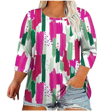 Utoimkio Clearance 3/4 Sleeve Shirts for Women Plus Size Casual Floral Print Crewneck Loose Fit Pleated Pullover Shirts Tops for Women