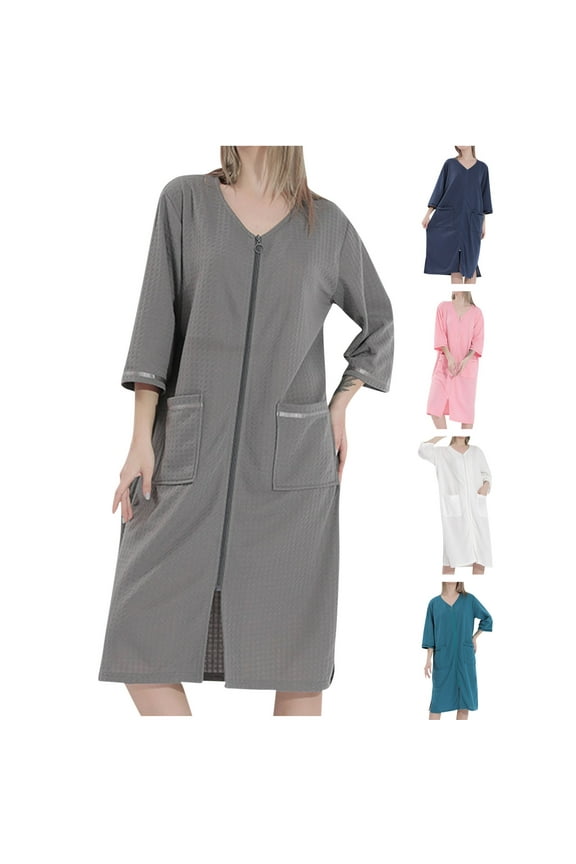3/4 Sleeve Summer Bath Robes for Women Knit Bathrobe Soft Lightweight Knee Length Loungewear Long Sleepwear for Women