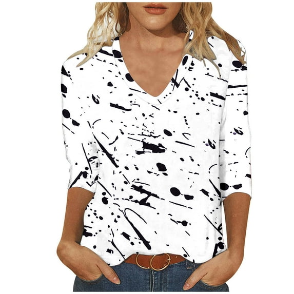 Utoimkio 3/4 Sleeve Tunic Tops for Women Plus Size V Neck Casual Floral Print Shirts Loose Fit Lightweight Tee Blouses for Women