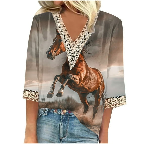 Utoimkio Clearance 3/4 Sleeve Tunic Tops for Women Plus Size V Neck Casual Floral Print Shirts Loose Fit Lightweight Tee Blouses for Women