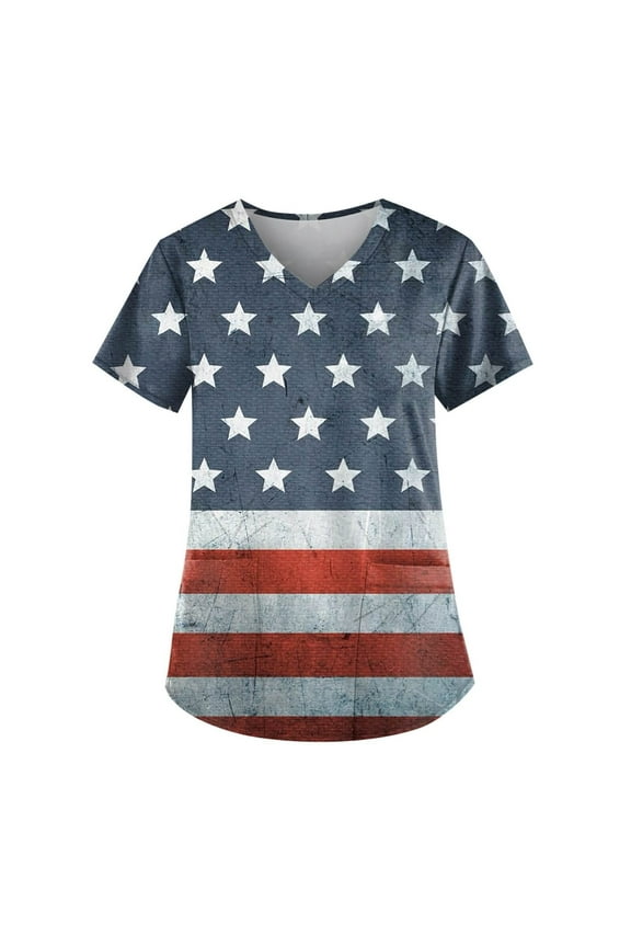American Flag V Neck Scrub Tops for Women Summer Patriotic Shirts Work Tunic Blouses for Women