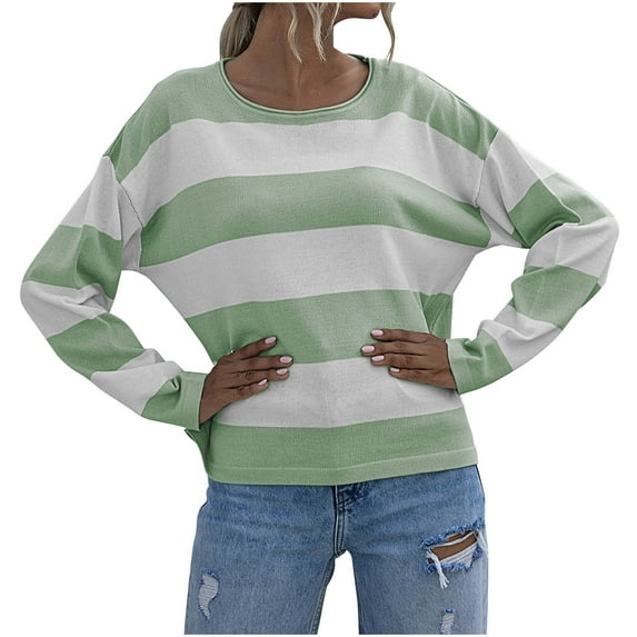 Utoimkio Color Block Fall Sweaters for Women Round Neck Striped Cute Winter Pullover Sweaters for Women