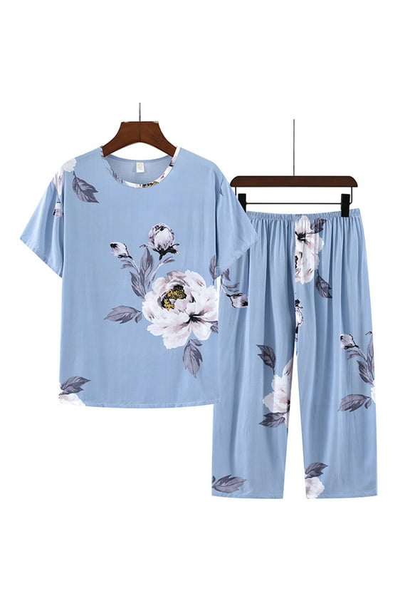 Cotton Linen Pajama Sets for Women Short Sleeve Sleepwear Tops and Pajama Pants Two Piece Home Soft Comfortable Loungewear Casual Print Pjs Shorts Set