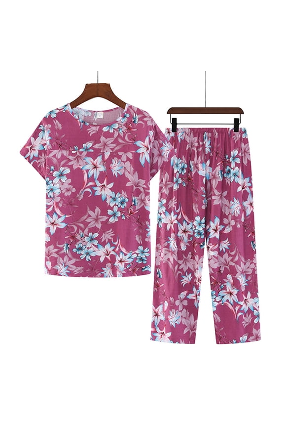 Cotton Linen Pajama Sets for Women Short Sleeve Sleepwear Tops and Pajama Pants Two Piece Home Soft Comfortable Loungewear Casual Print Pjs Shorts Set