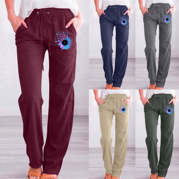 Utoimkio Cotton Linen Straight Leg Sweatpants for Women Casual Summer Stretchy Jogger Sweat Pants High Waisted Drawstring Lounge Pants for Women