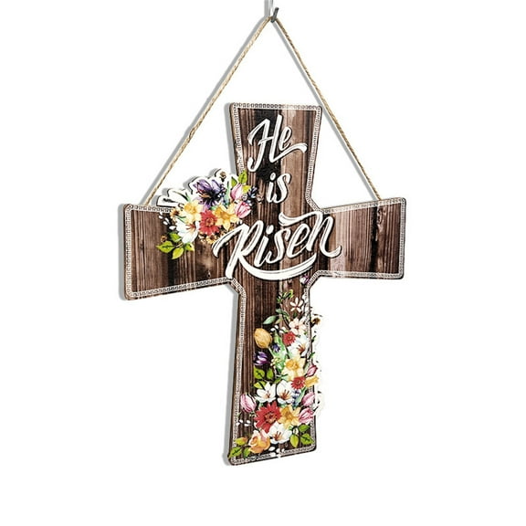 Utoimkio Easter He Is Risen Wreath for Front Door Decor Religious Easter Decoration Wooden Egg Rabbit Cross Door Sign Hanging Sign Christian Floral Decor for Party Supplies(Cross Style)