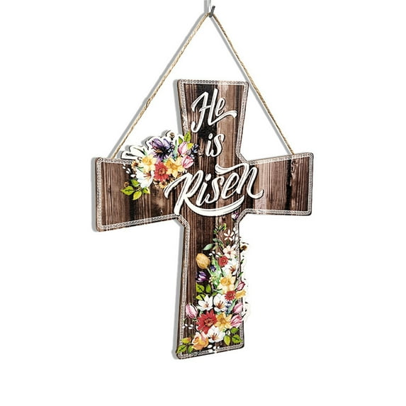 Utoimkio Easter He Is Risen Wreath for Front Door Decor Religious Easter Decoration Wooden Egg Rabbit Cross Door Sign Hanging Sign Christian Floral Decor for Party Supplies(Cross Style)