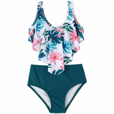 Utoimkio Clearance Family Swimsuits Matching Set Tummy Control Two Piece Bathing Suits Floral Print Ruffled Swim Tank Top with Bikini Swim Shorts Summer Tankini Swimwear