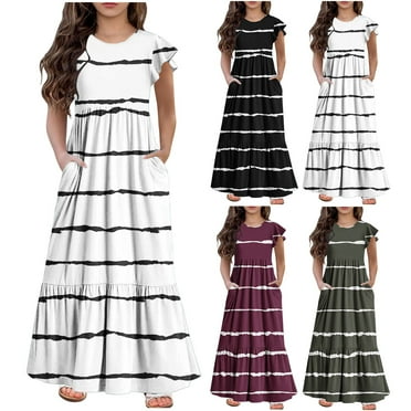 Utoimkio Clearance Girls Casual Maxi Dress Ruffles Short Sleeve Holiday Princess Dresses with Pockets for Girls 6-12 Years