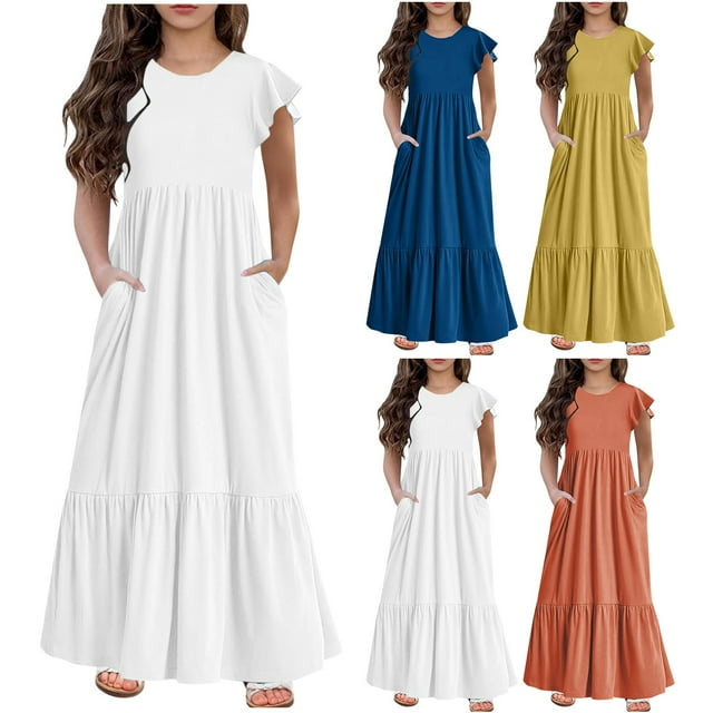 Utoimkio Clearance Girls Casual Maxi Dress Ruffles Short Sleeve Holiday Princess Dresses with Pockets for Girls 6-12 Years