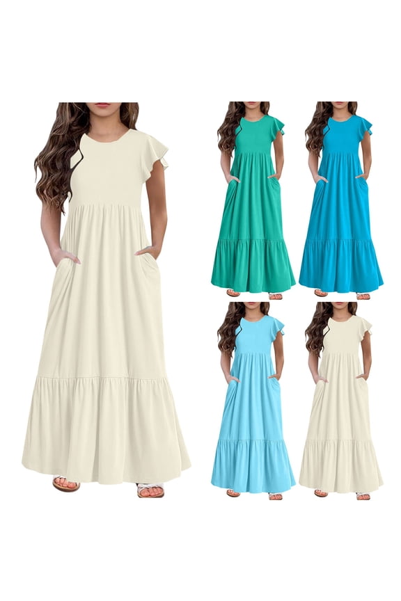 Girls Casual Maxi Dress Ruffles Short Sleeve Holiday Princess Dresses with Pockets for Girls 6-12 Years