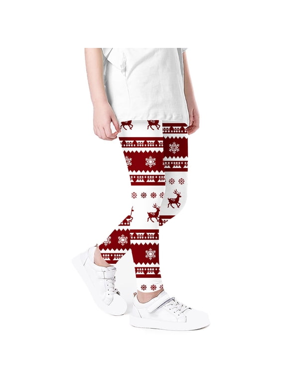 Girls Christmas Snowflake Elk Printed Stretch Leggings Soft Comfortable Ankle Length Pants Leggings for Kid Little Girls 3-8 Years
